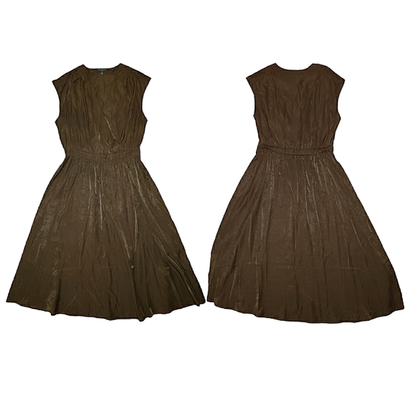 Banana Republic SS Shiny Satin Sheen Twill Wrap Burnt Umber Brown Midi Dress S - Picture 11 of 16